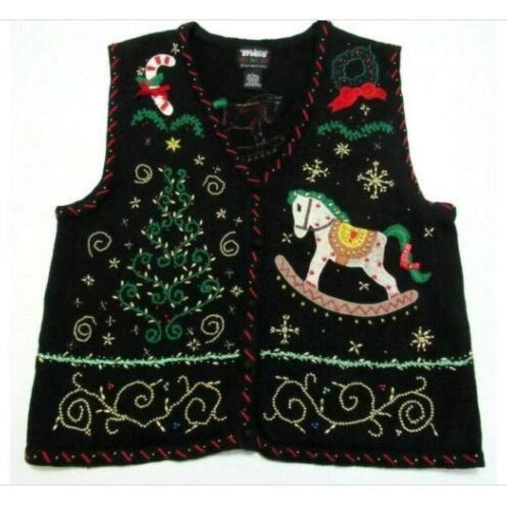 Christmas Sweater Vest Womens Sz L Lg Bling Beaded Rocking Horse Candy Cane Fun